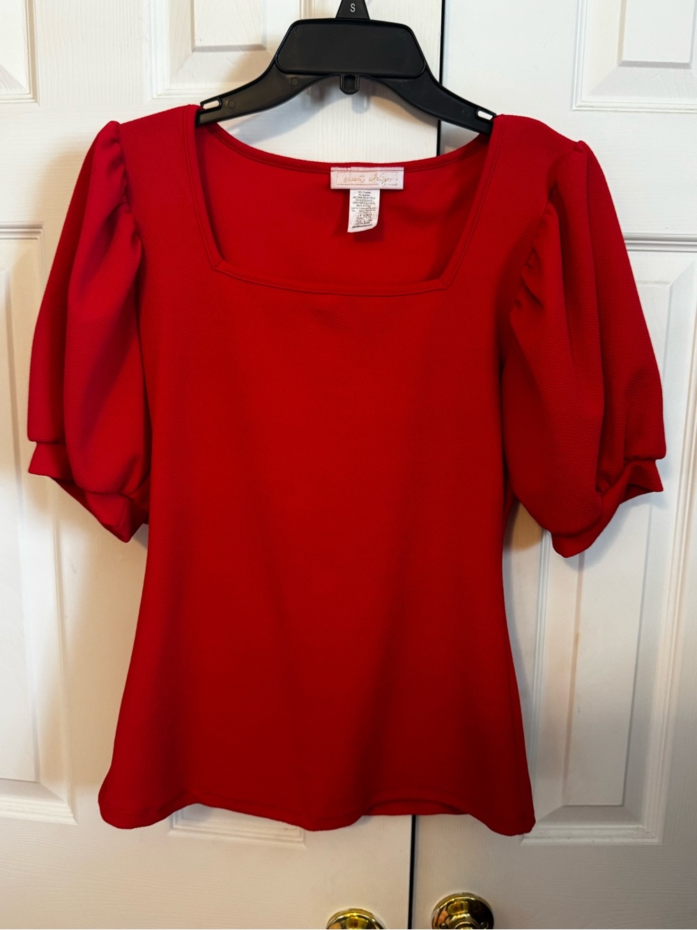 Square Neck Puff Sleeve Blouse in Red